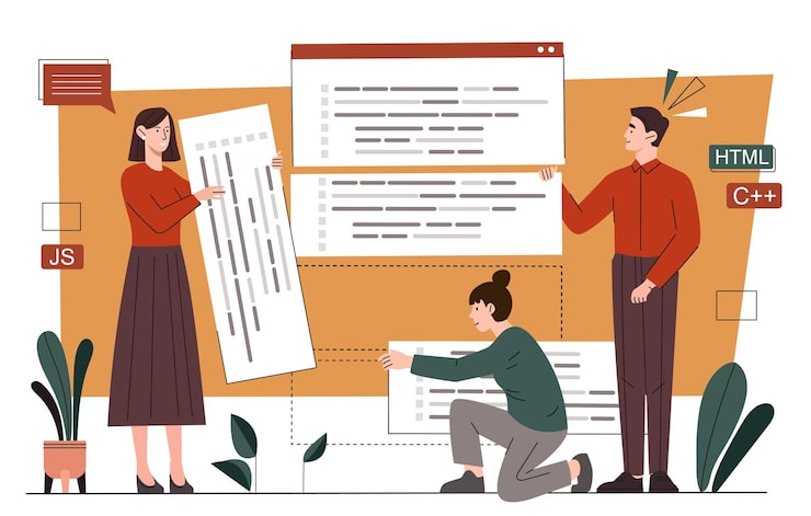 Vector source code concept programmers and it specialists develop mobile app or program software