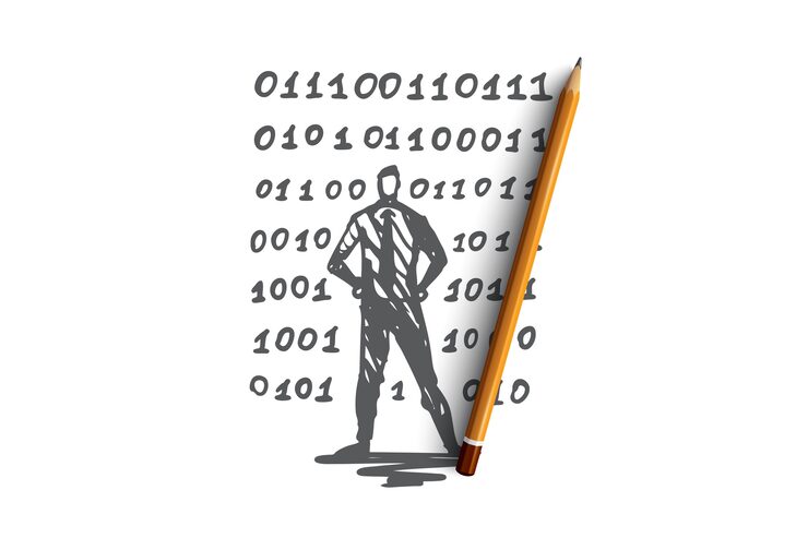 Vector source code, software, program, development, computer concept. hand drawn computer programmer and code concept sketch. 