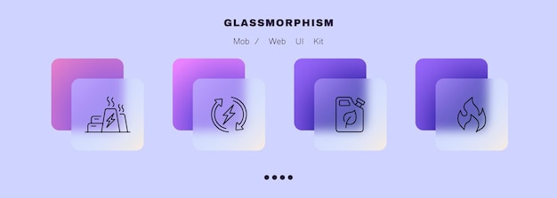 전기 에너지 세트 아이콘의 소스 발전소 번개 원형 화살표 재활용 연료 잎 화재 에코 생태 전기 기술 개념 Glassmorphism 비즈니스를 위한 벡터 라인 아이콘