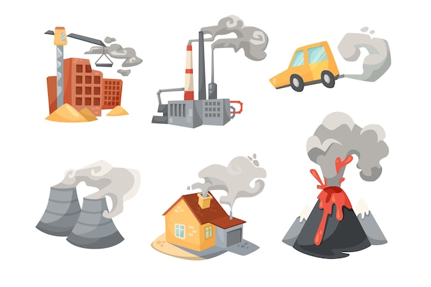 야외 대기 오염 벡터 삽화의 출처입니다. 도시의 대기 오염원에 대한 만화 그림, 가정에서 나오는 연기, 흰색 배경에 격리된 산업 건물. 환경 개념