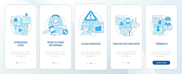 sources of pirated content onboarding mobile app page screen. streaming sites walkthrough 5 steps graphic instructions with concepts. ui, ux, gui vector template with linear color illustrations