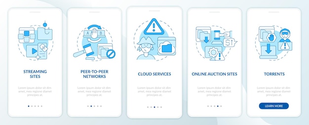 Источники пиратского контента на экране страницы мобильного приложения. Прохождение потоковых сайтов по 5 шагам, графические инструкции с концепциями. Векторный шаблон UI, UX, GUI с линейными цветными иллюстрациями