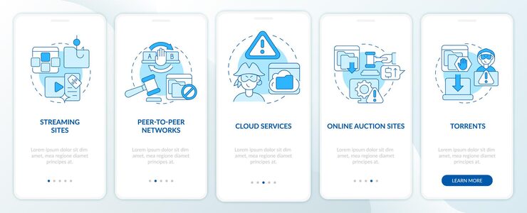 Vector 불법 복제 콘텐츠 온보딩 모바일 앱 페이지 화면의 출처. 스트리밍 사이트는 개념이 포함된 5단계 그래픽 지침을 안내합니다. 선형 컬러 일러스트레이션이 있는 ui, ux, gui 벡터 템플릿