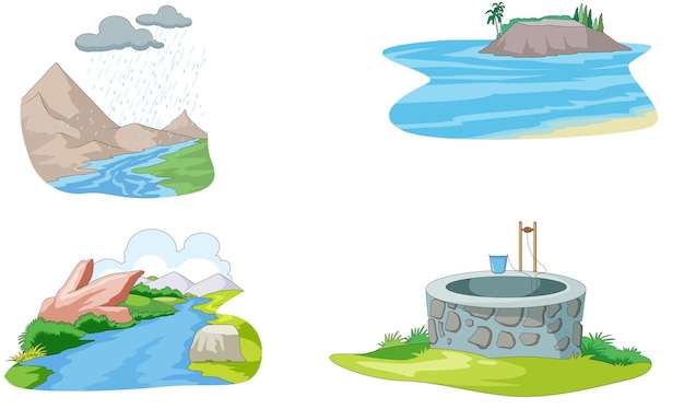 Vector sources of water rain ocean river and well vector illustration