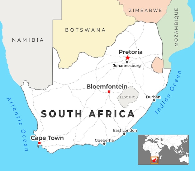 Vector south africa 3d map with borders of regions and its capital