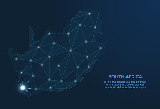 남아프리카 공화국 통신 네트워크 지도 별자리 음소거 및 별 형태의 도시 지도 형태의 조명이 있는 글로벌 지도의 벡터 낮은 폴리 이미지