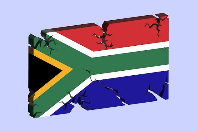 Флаг Южной Африки на 3D трещине векторной картины разрушения стены с концепцией проблем с треснутой текстурой