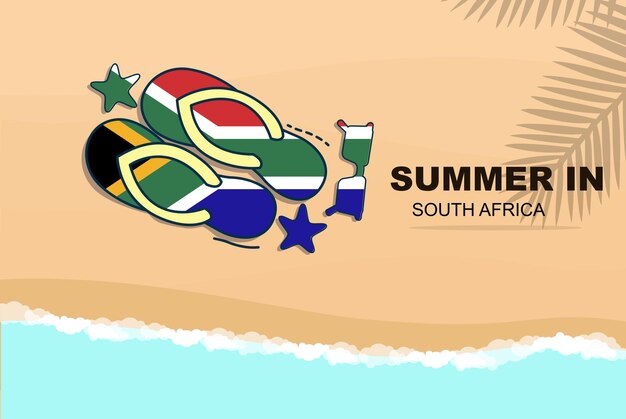 South Africa summer holiday vector banner beach vacation flip flops sunglasses starfish on sand