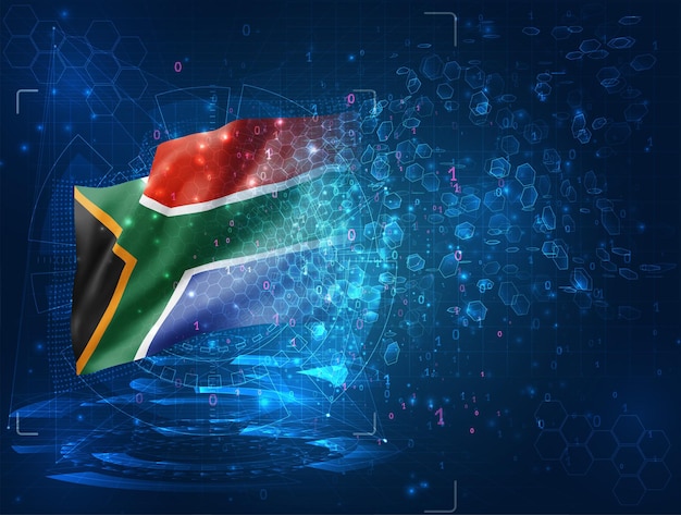 South Africa, vector 3d flag on blue background with hud interfaces