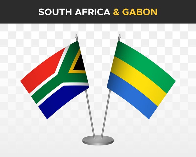 Bandiere da scrivania sudafrica vs gabon mockup isolate 3d illustrazione vettoriale bandiere da tavolo