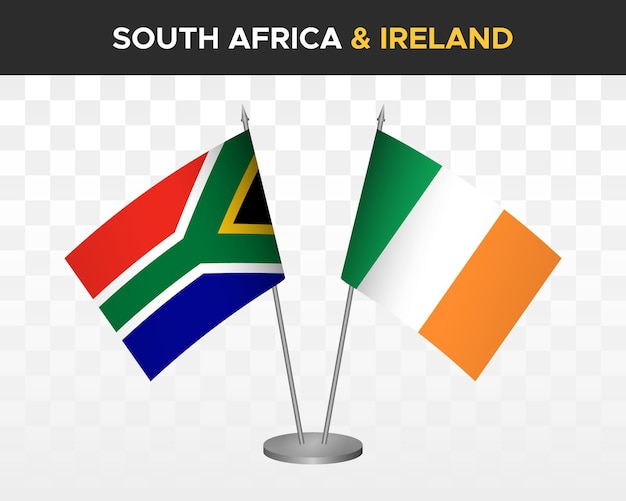 Bandiere da scrivania sudafrica vs irlanda mockup isolate 3d illustrazione vettoriale bandiere da tavolo