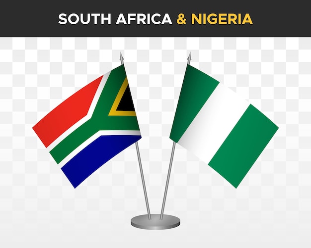 Bandiere da scrivania sudafrica vs nigeria mockup isolate bandiere da tavolo con illustrazione vettoriale 3d