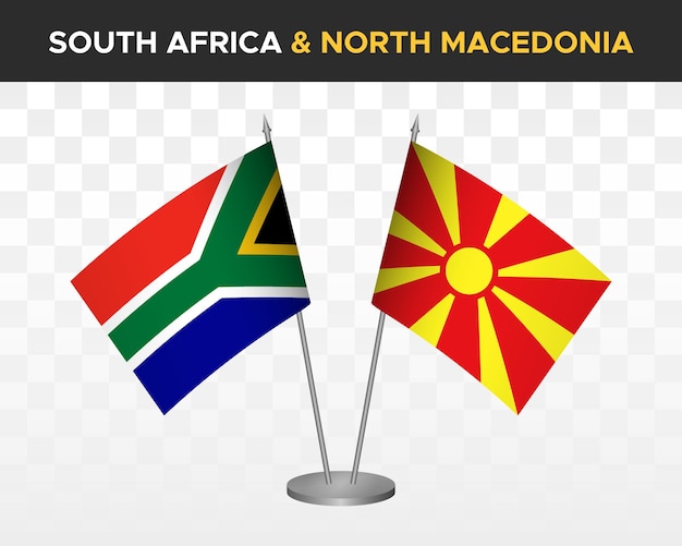 Макет настольных флагов Южной Африки и Северной Македонии изолированных трехмерных векторных иллюстраций настольных флагов