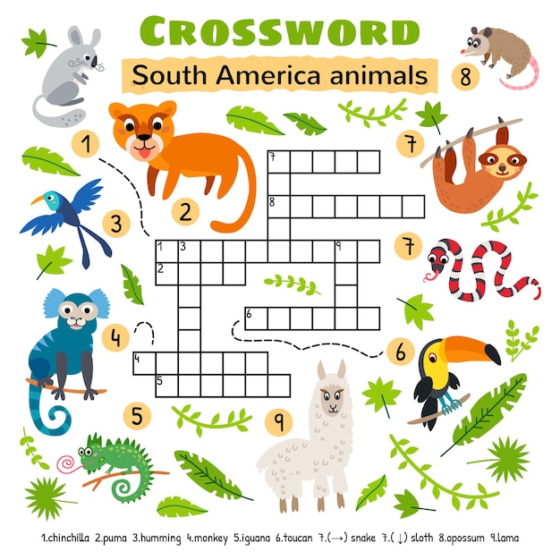 South america animals crossword. for preschool kids activity worksheet.