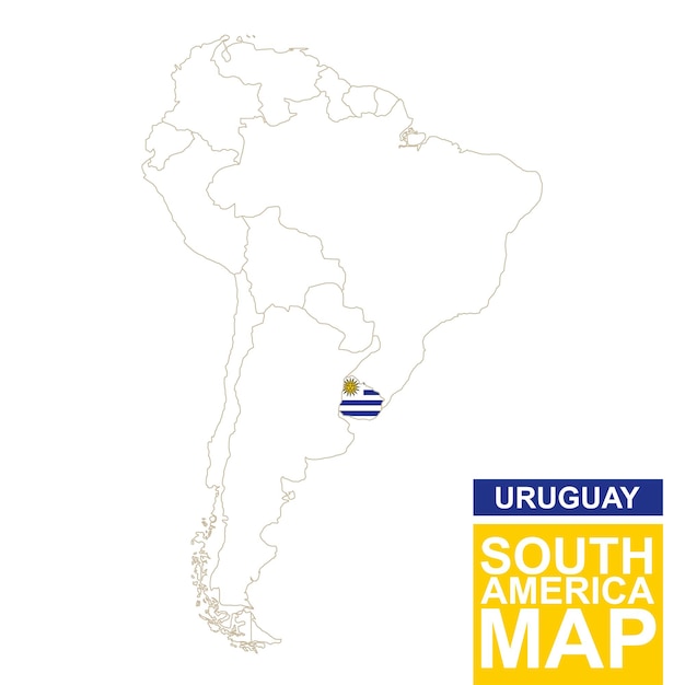 Mappa sagomata del sud america con l'uruguay evidenziato. mappa e bandiera dell'uruguay sulla mappa del sud america. illustrazione vettoriale.