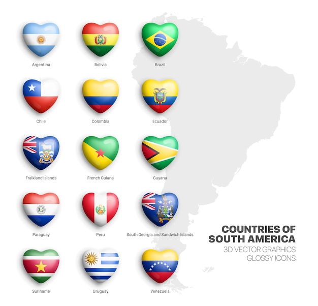 south america countries flags vector 3d heart glossy icons set isolated on white