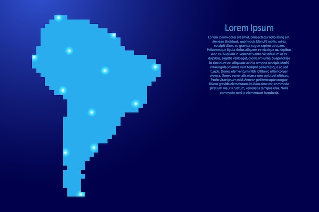 South america map silhouette from blue square pixels and glowing stars. vector illustration.