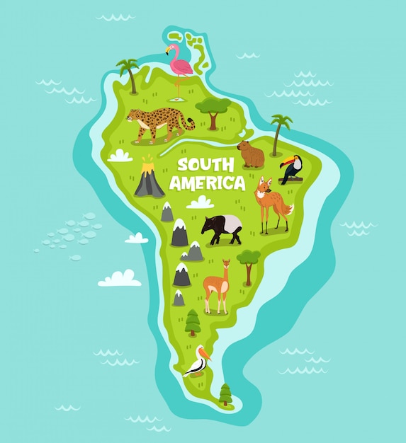 South american map with wildlife animals