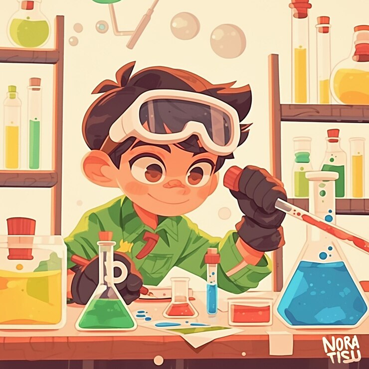 Vector south asian boy in his teens doing science experiments