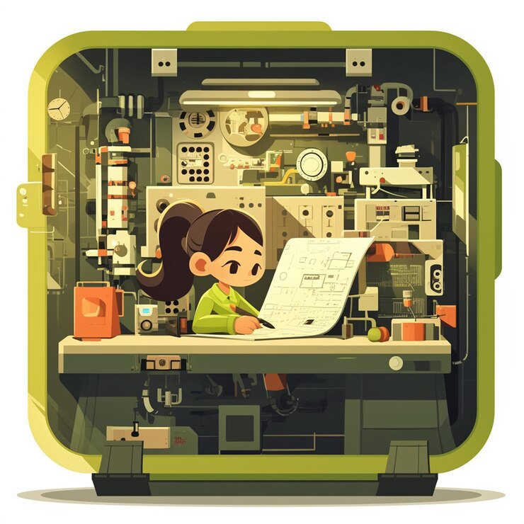 Vector south asian female engineer in her 30s designing a machine
