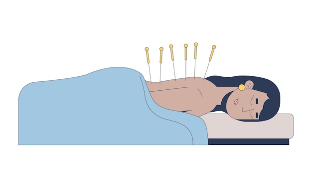 South asian woman receiving acupuncture therapy 2D cartoon character