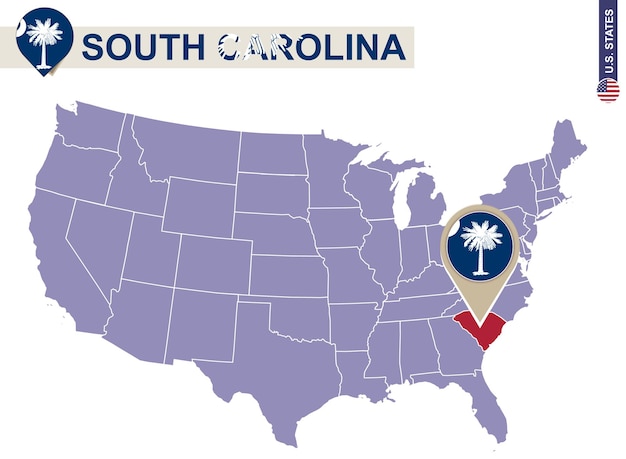 Stato della carolina del sud sulla mappa degli stati uniti. bandiera e mappa della carolina del sud. stati uniti d'america.