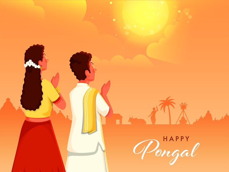 वेक्टर south indian couple doing surya sun god worship on orange background for happy pongal celebration concept