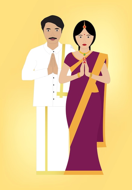 Vector south indian couples with traditional attires dhoti and saree welcome