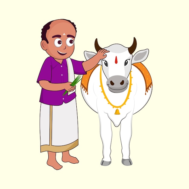 パステルイエローの背景に雄牛や牛に草を食べさせる南インド人男性
