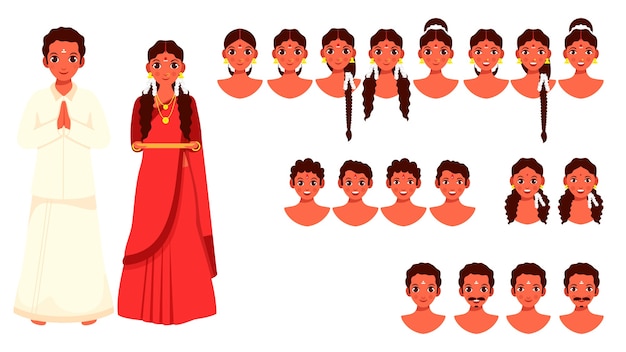 Vector south indian man and woman with different face expression