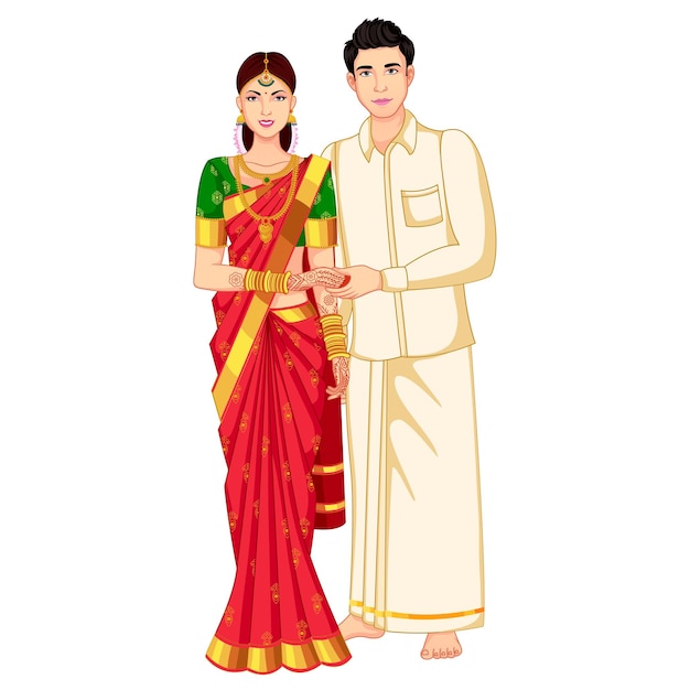 シルク サリーと veshti を着て立っている南インドの結婚式のカップル