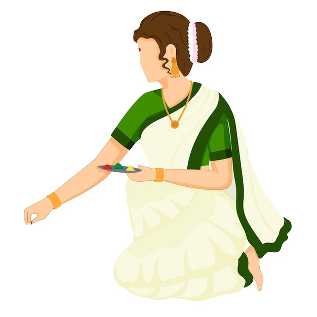 Vector south indian young lady holding colors plate for making rangoli.