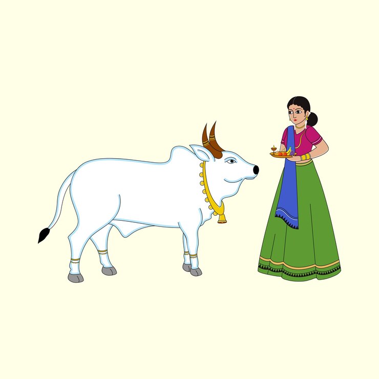 वेक्टर पस्टेल पीले रंग की पृष्ठभूमि पर बैल जानवर की पूजा करती दक्षिण भारतीय युवती