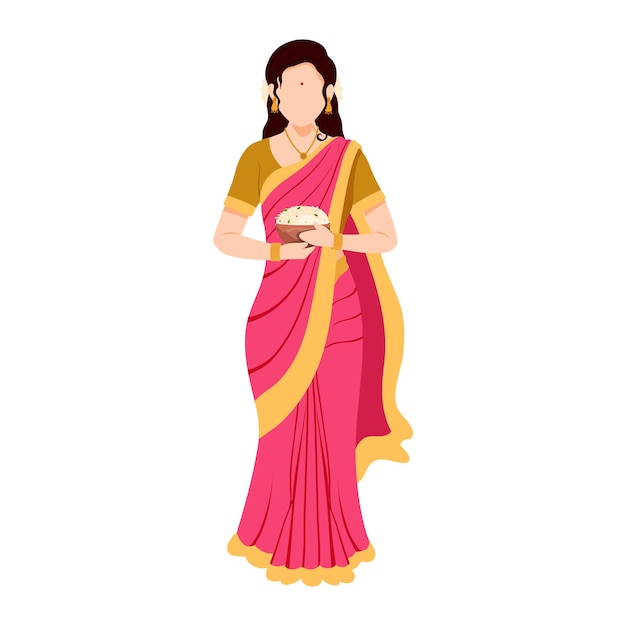 Vector south indian young woman holding traditional dish (rice) in standing pose.