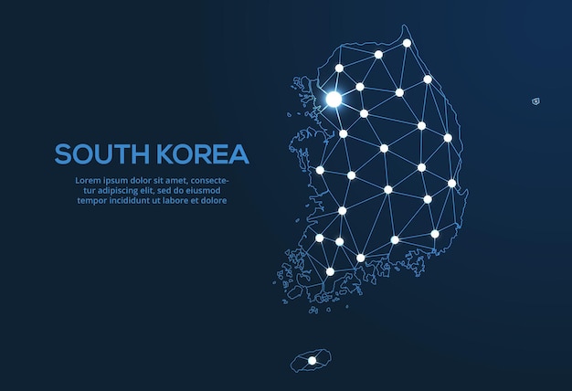한국 통신 네트워크 지도 벡터 로우 폴리 이미지는 도시 형태의 조명이 있는 글로벌 지도의 별자리 음소거 및 별 형태의 지도입니다.