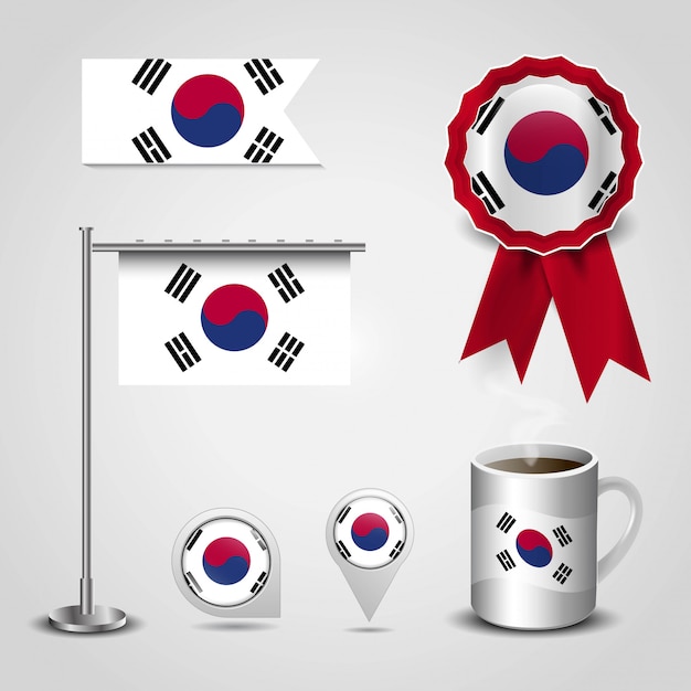 South korea country flag place on map pin, steel pole and ribbon badge banner