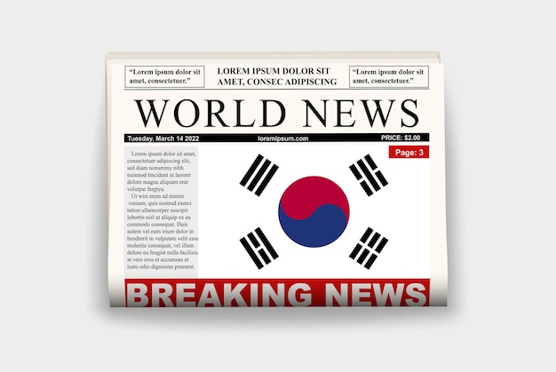 South Korea country newspaper flag breaking news on newsletter news concept gazette page headline