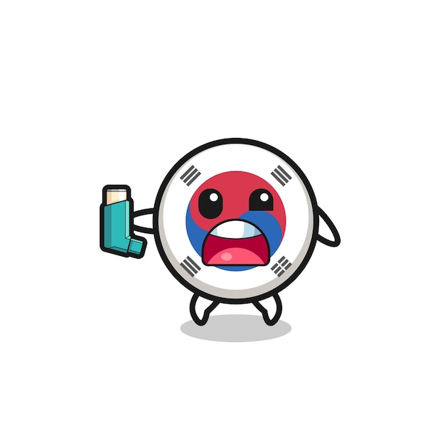 South korea flag mascot having asthma while holding the inhaler cute design