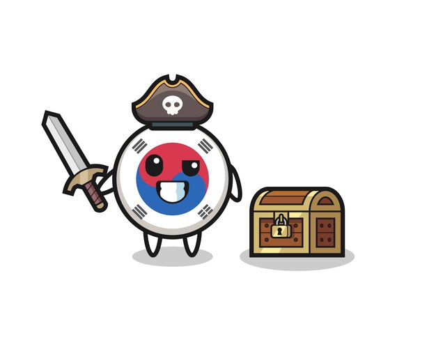 The south korea flag pirate character holding sword beside a treasure box cute design