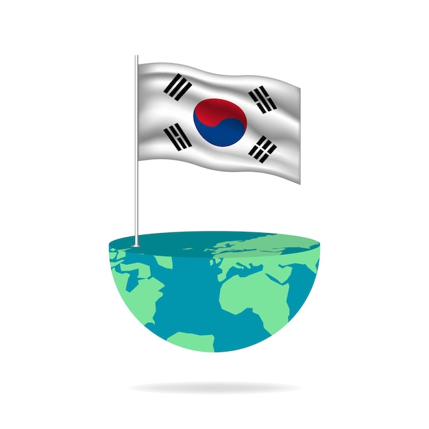 地球上の韓国旗のポール。世界中でなびく旗。グループでの簡単な編集とベクトル化。