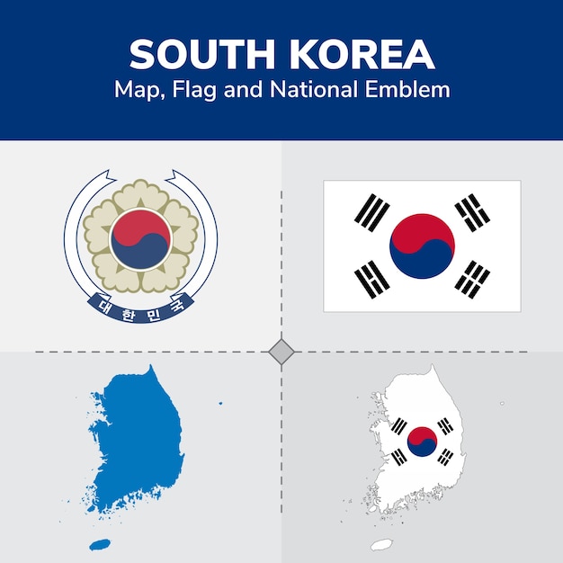 Mappa della corea del sud, bandiera e emblema nazionale