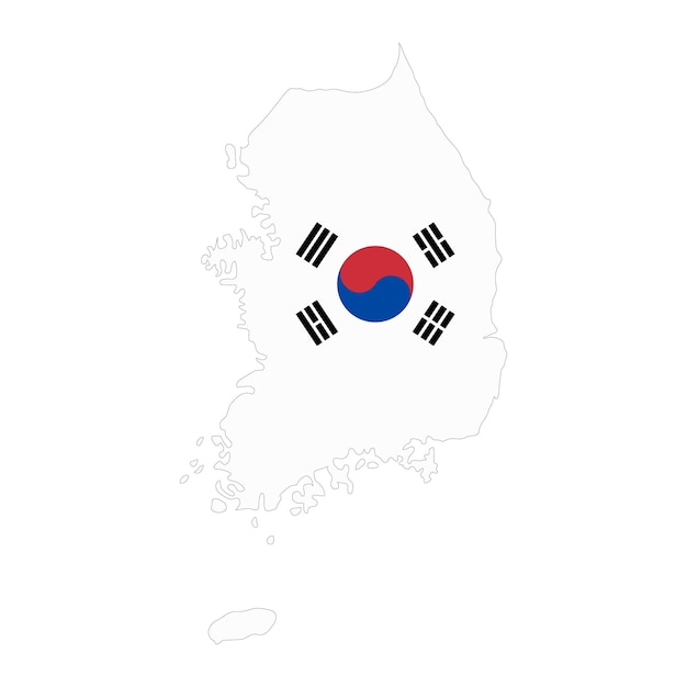 Vettore siluetta della mappa della corea del sud con bandiera isolata su priorità bassa bianca