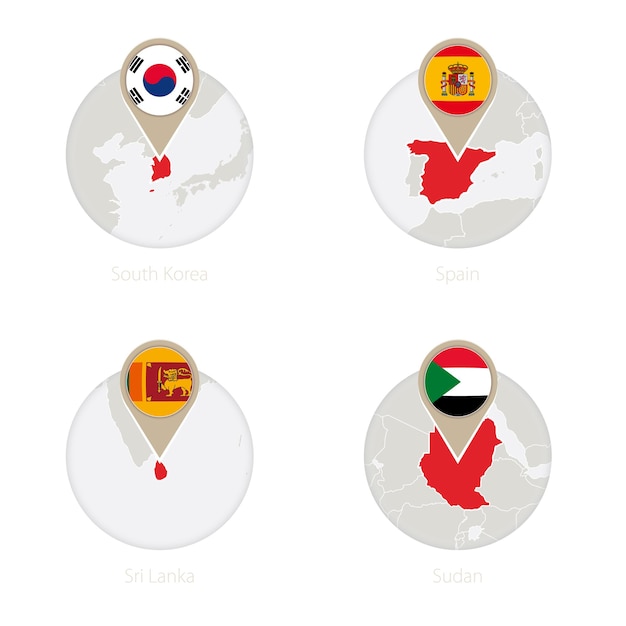 South Korea Spain Sri Lanka Sudan map and flag in circle