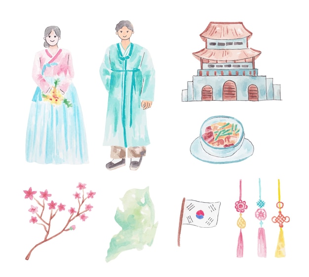 Vettore set da viaggio per il turismo in corea del sud con acquerello di icone isolate