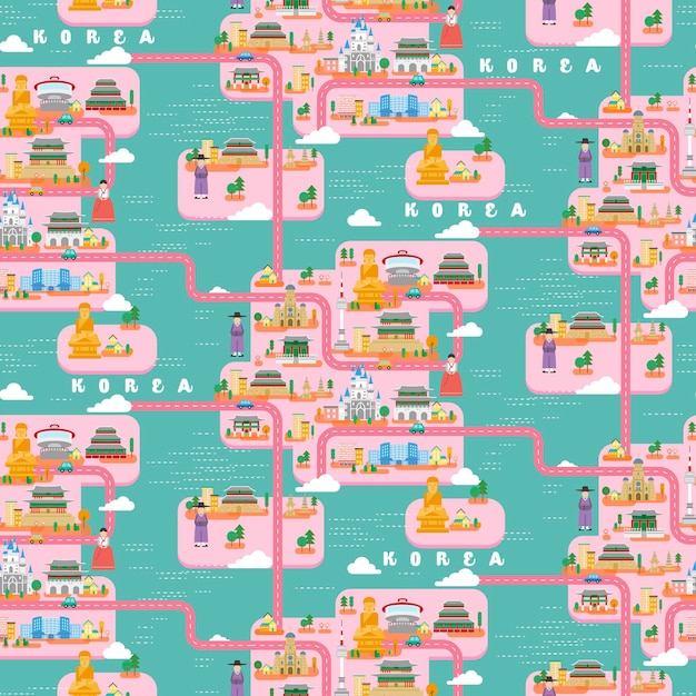 South korea travel map seamless pattern design