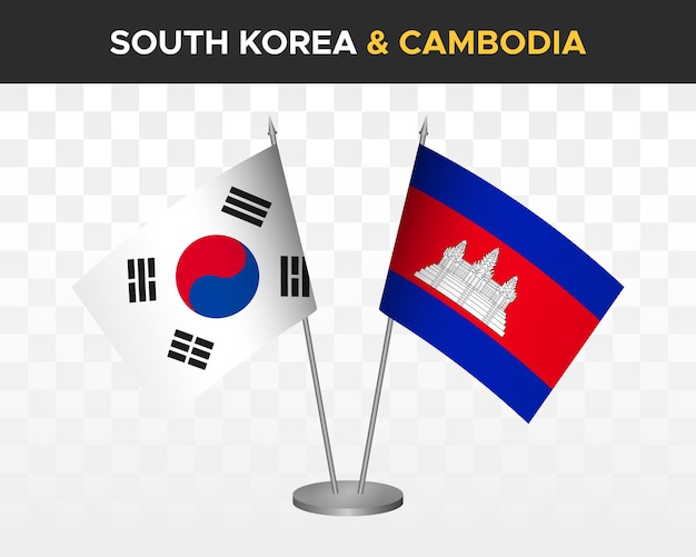 South korea vs cambodia desk flags mockup isolated 3d vector illustration table flags