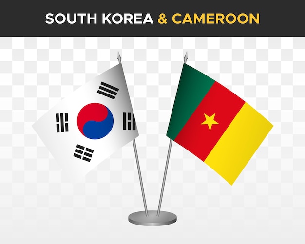 Mockup di bandiere da scrivania corea del sud vs camerun isolato 3d illustrazione vettoriale bandiere da tavolo