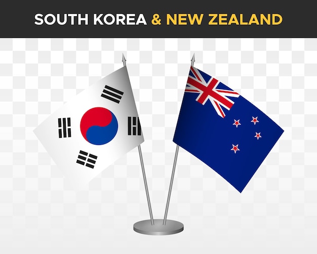 South korea vs new zealand desk flags mockup isolated 3d vector illustration table flags