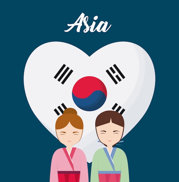 Vettore bandiera della corea del sud a forma di cuore e ragazze coreane