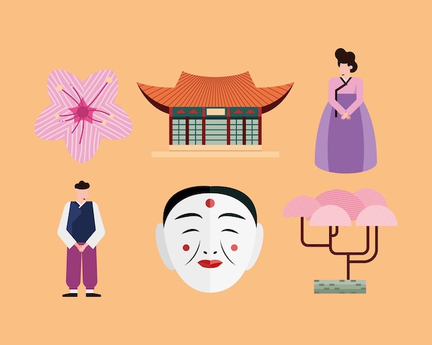 Vector south korean icon set on orange background